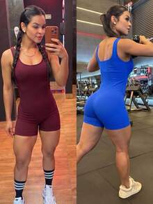 Women's Ribbed Fitness Romper Gym Workout Bodysuit - 米色 - 查看 8