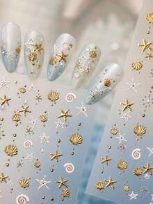 1片 5D 浮雕海洋美甲貼紙，金色貝殼與海星自黏式美甲貼花，夏季海灘風 DIY 美甲裝飾，適用於居家美甲、美甲沙龍美甲藝術與穿戴甲配件 - 彩色 - 查看 5