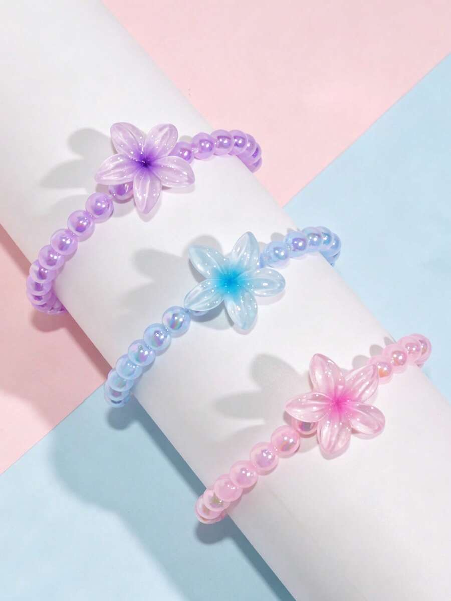 3pcs/Set Kids Cute Floral Beaded Bracelet Set, Suitable For Kids Spring/Summer Vacation, Daily Wear, Party, Kids Birthday Gift - Multicolor - View 1