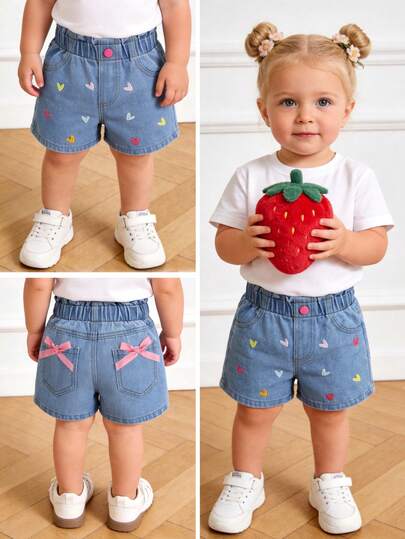 Baby Girl Casual Outdoor Fashion Outfit, Cute Minimalist Style With Bow Decor And Heart Embroidery, Denim Jean Shorts, Spring/Summer, Suitable For Family Outings And Social Gatherings