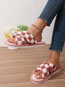 Classic Plaid Thick Stripe Criss-Cross Open Toe Plush Slippers For Women, Indoor Home Living Room Fashion Gift Slippers, Comfortable Breathable All-Season, Multiple Colors Available - Pink - View 4