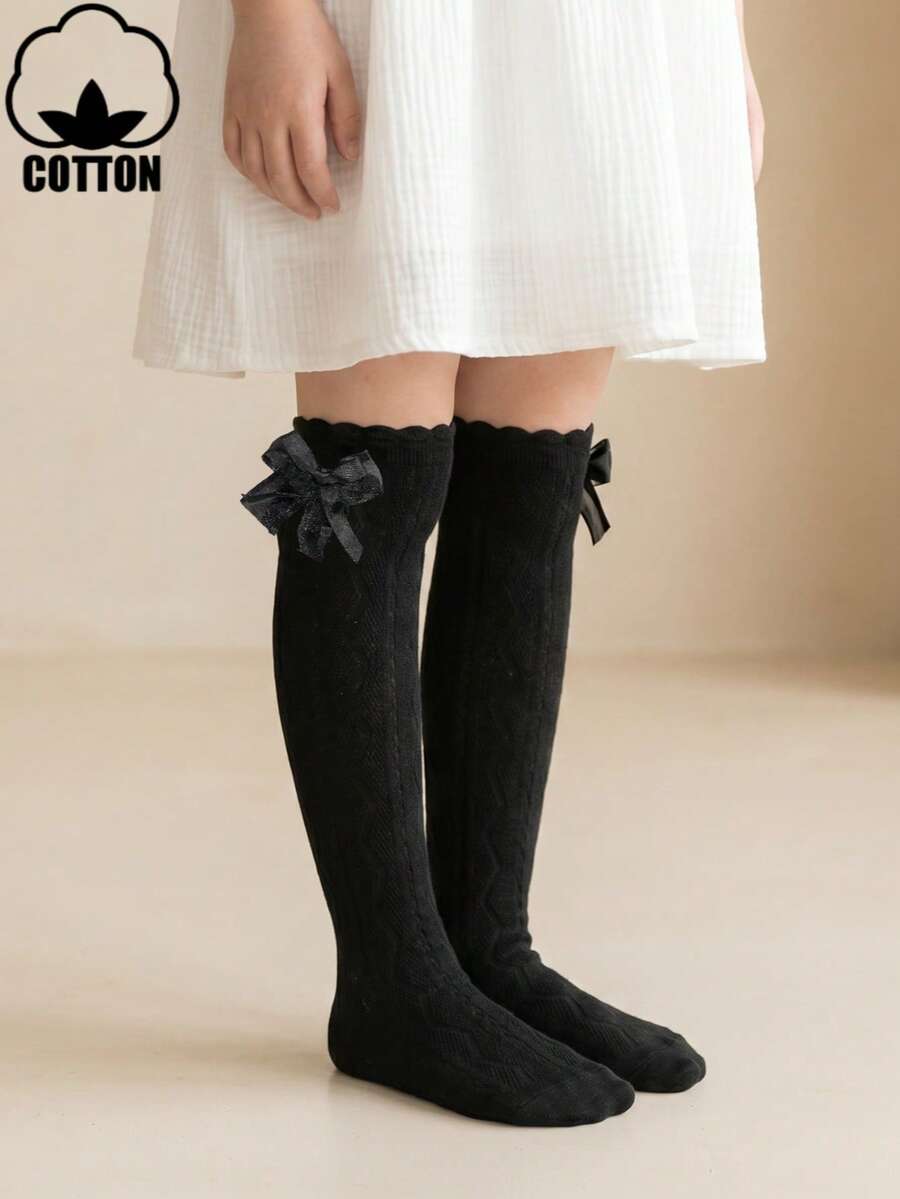 1 Pair Cotton Bow Girls Socks, Cute Children's Mid-Calf Socks, Spring Summer Autumn Girls Ruffle Socks, Princess Socks - Black - View 1