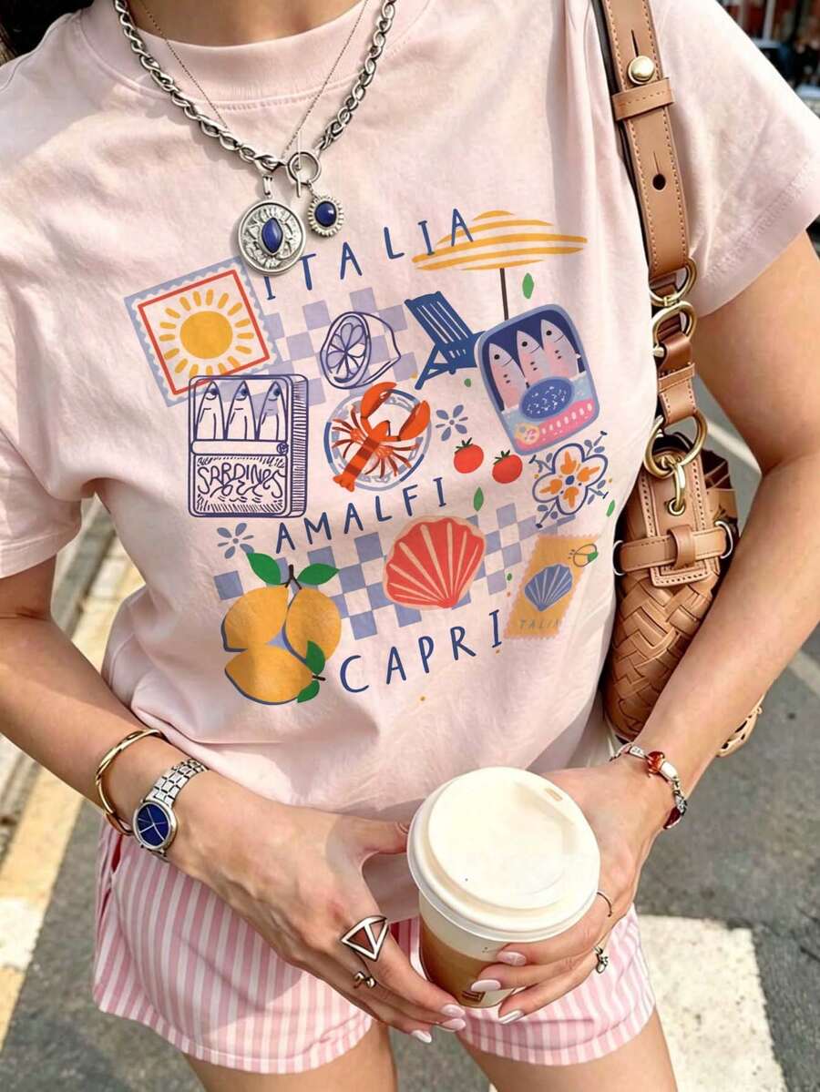 Kaos Motif Pantai Italia Ukuran Besar Wanita Longgar Leher Bulat Lengan Pendek Motif Lemon & Makanan Laut Desain Kasual Atasan Merah Muda Musim Panas - Berwarna merah muda - View 1
