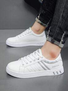 Flipark Men's Striped Lace-Up Skateboard Shoes - Durable PU Leather Upper, Breathable Fabric Lining, Cloth Insole, Non-Slip PVC Sole, Round Toe Design, Suitable For Outdoor Casual Wear In Spring, Summer, Autumn, Winter - Silver - View 3
