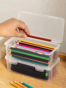 1/2pcs Large Transparent PP Storage Box With Lid, Lightweight Uncoated Surface, Suitable For Office/School Supplies, Pens, Pencils, Markers, Crafts, Desktop Storage, Cosmetics, Jewelry, Minimalist Style - Multicolor - View 2