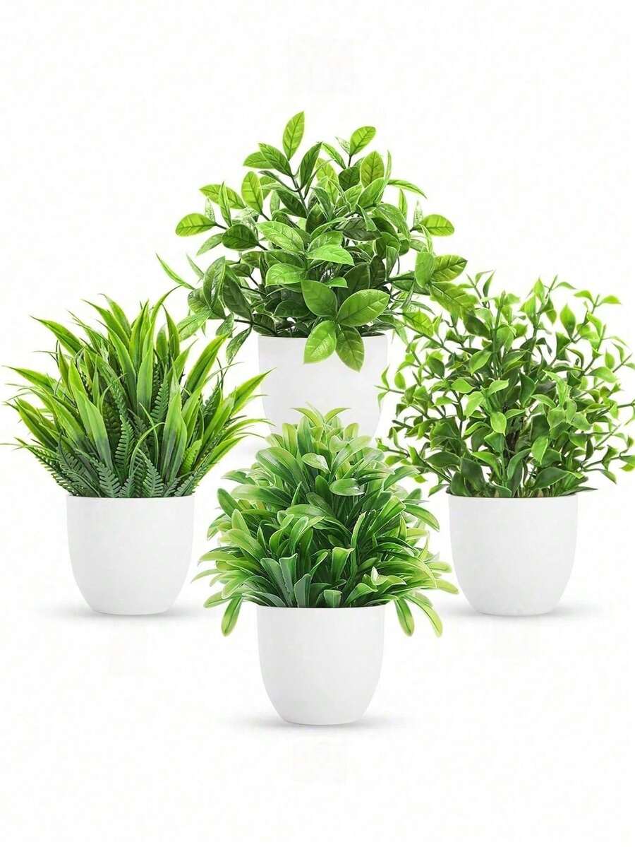 4pcs Set Artificial Plants With Pots, Small Artificial Plants For Indoor Home Decor, Suitable For Windowsill, Bathroom, Wall, Office Desk, Kitchen, Farmhouse Style Decoration, Valentine's Day Party Decor - Green - View 1