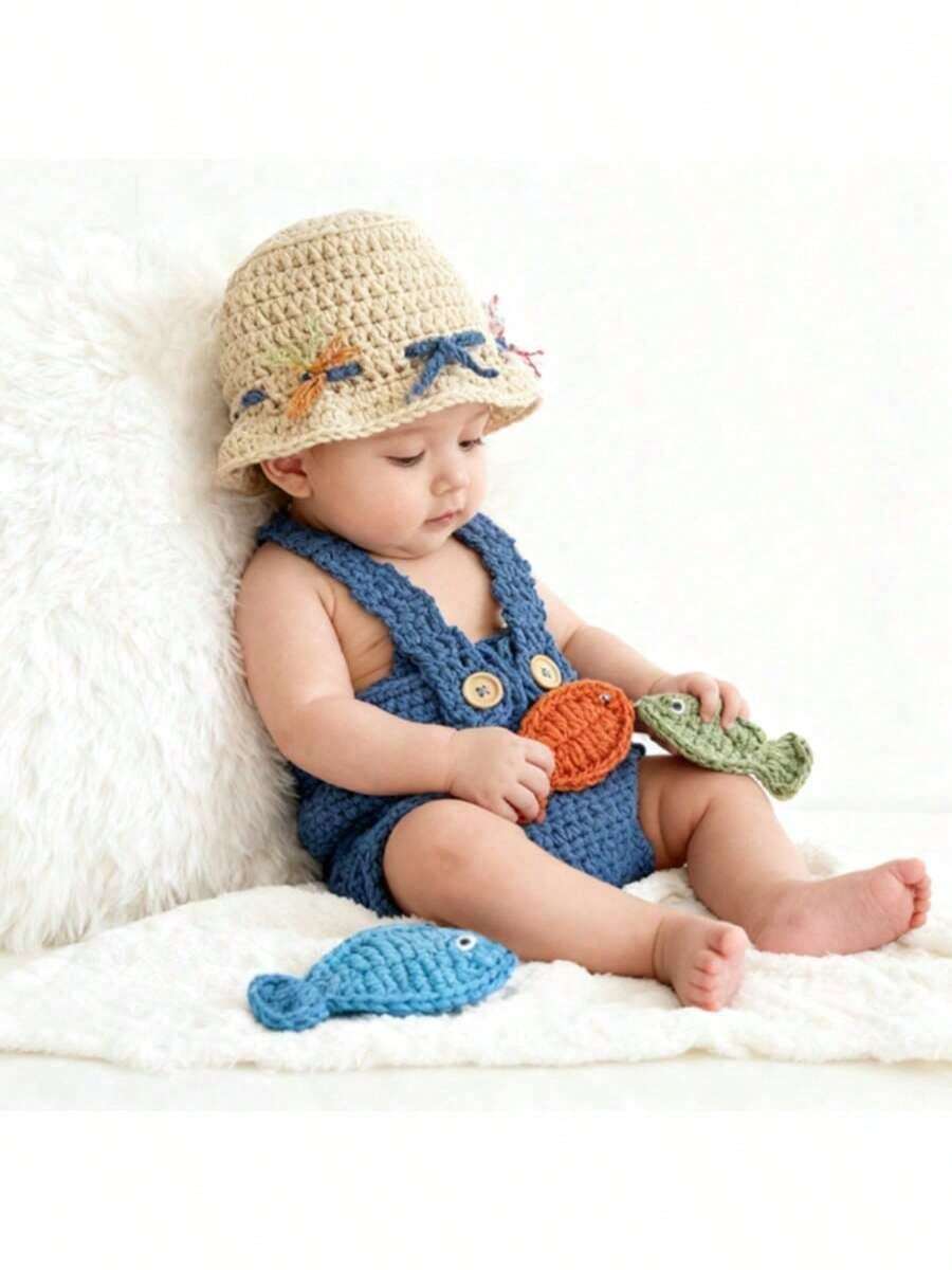 Newborn Photography Props Handmade Crochet Fisherman Outfit Bucket Hat + Overalls + Fishing 3 Pieces Set Portrait/100 Days Commemorative Photo Baby Gift - Brown Hat + Blue Overalls - View 1