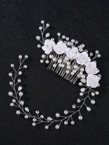 1/2pcs Silver Rhinestone Tiara & White Flower Pearl Hair Comb Set, Bridal Wedding Prom Birthday Party Princess Hair Accessories - Multicolor - View 4