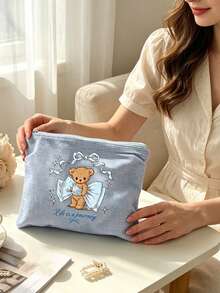Bolsa de Maquiagem Portátil, Estampa de Laço de Urso, Bolsa de Maquiagem de Tecido Waffle, Bolsa de Armazenamento de Maquiagem de Viagem com Estampa Fofa, Bolsa de Armazenamento de Lona Xadrez Simples, Bolsa de Armazenamento de Cosméticos, Bolsa de Armazenamento de Tecido Multifuncional, Estojo de Lápis de Papelaria Feminino, Adequado para Deslocamento, Viagem, Presente e Uso Diário, Presente Único para o Dia do Professor, Presente de Volta às Aulas, Presente de Aniversário, Presente para Professor, Presente de Festa - Multicolorido - Visão 3
