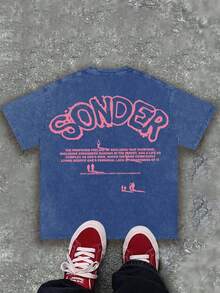(230g Pure Cotton) Men's Retro Pink Text "SONDER" Figure Thinking Pattern Printed T-Shirt, Retro Style, Breathable Fabric,  Y2K Style - 寶藍色 - 查看 3