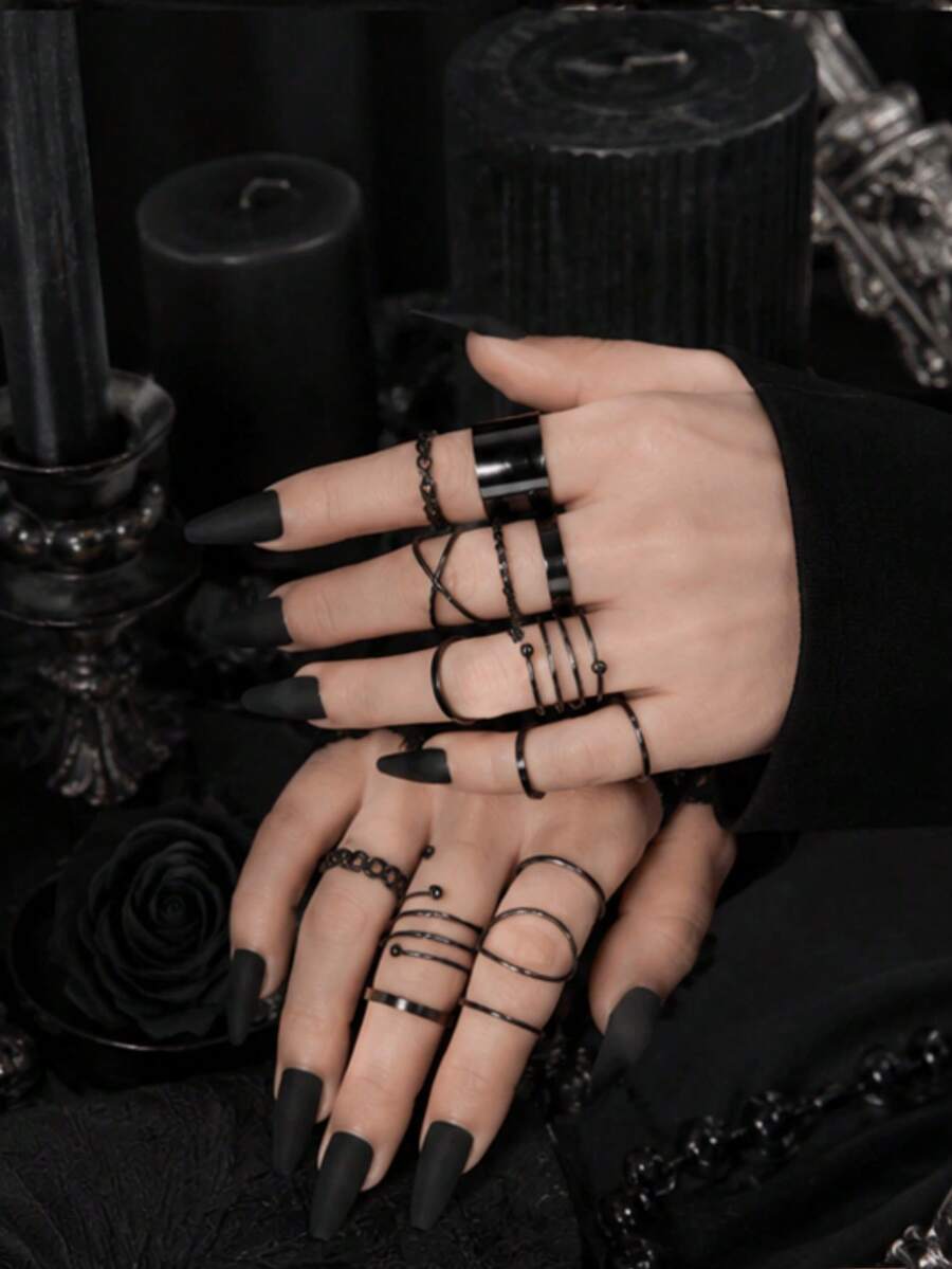18pcs/Set Dark Minimalist Geometric Open Ring Set, Suitable For Men And Women For Daily, Holiday, Halloween Wear - Multicolor - View 1