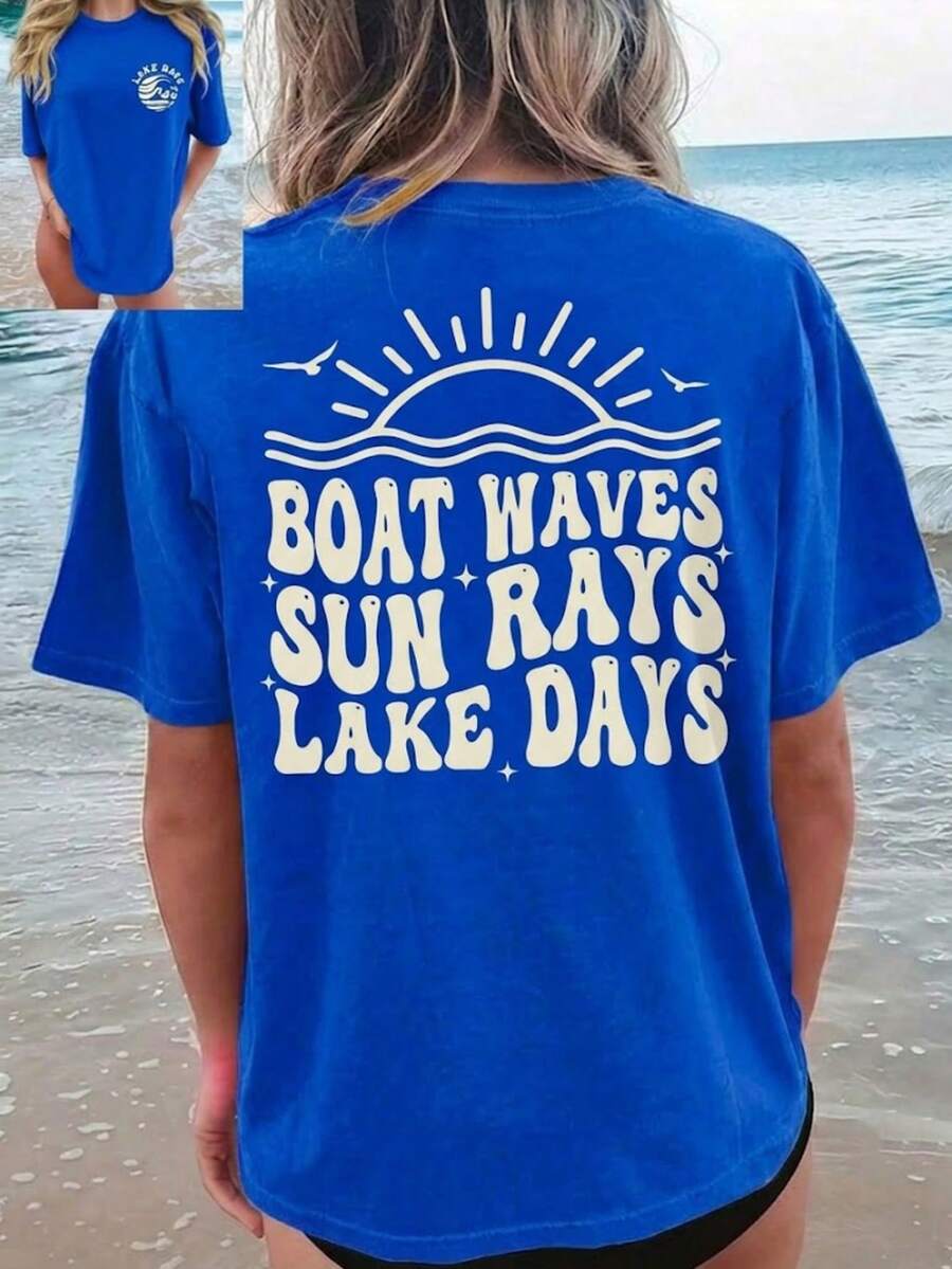 Cotton T-Shirt-[Double-Sided Print]Boat Letter Print Short-Sleeve Round Neck T-Shirt-Short Sleeve Crew Neck T-Shirt-Vacation Outfits Women-Summer Tops - 克萊因藍 - 查看 1