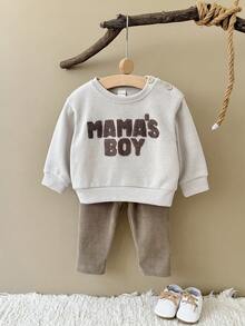 2Pcs/Set Baby Boy Towel Embroidered Round Neck Sweatshirt & Casual Long Pants Set, Spring/Autumn Baby Boy Clothing - Apricot - View 17