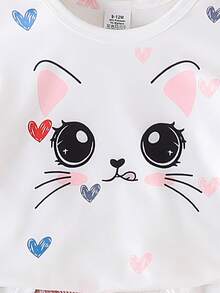 2 Peças/Conjunto Top de Manga Curta com Gola Redonda e Estampa de Gato de Desenho Animado Doce & Coração e Legging de Tricô Elástico com Cabo, Roupa Casual Leve e Respirável de Verão para Recém-Nascidos, 0-1-2-3 Anos, 6-9 Meses - Multicolorido - Visão 5
