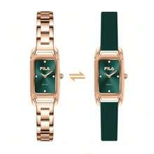 FILA 38-6953 Women Rectangle Quartz Watch, Green Dial Rhinestone Markers Rose Gold Steel Band, 7.5mm Thin Case Butterfly Buckle 3ATM Waterproof Elegan - one-size - View 4