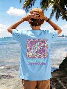 Tween Boy Casual Fun Graphic Print Crew Neck Short Sleeve Pullover T-Shirt Summer Top - Baby Blue - View 1