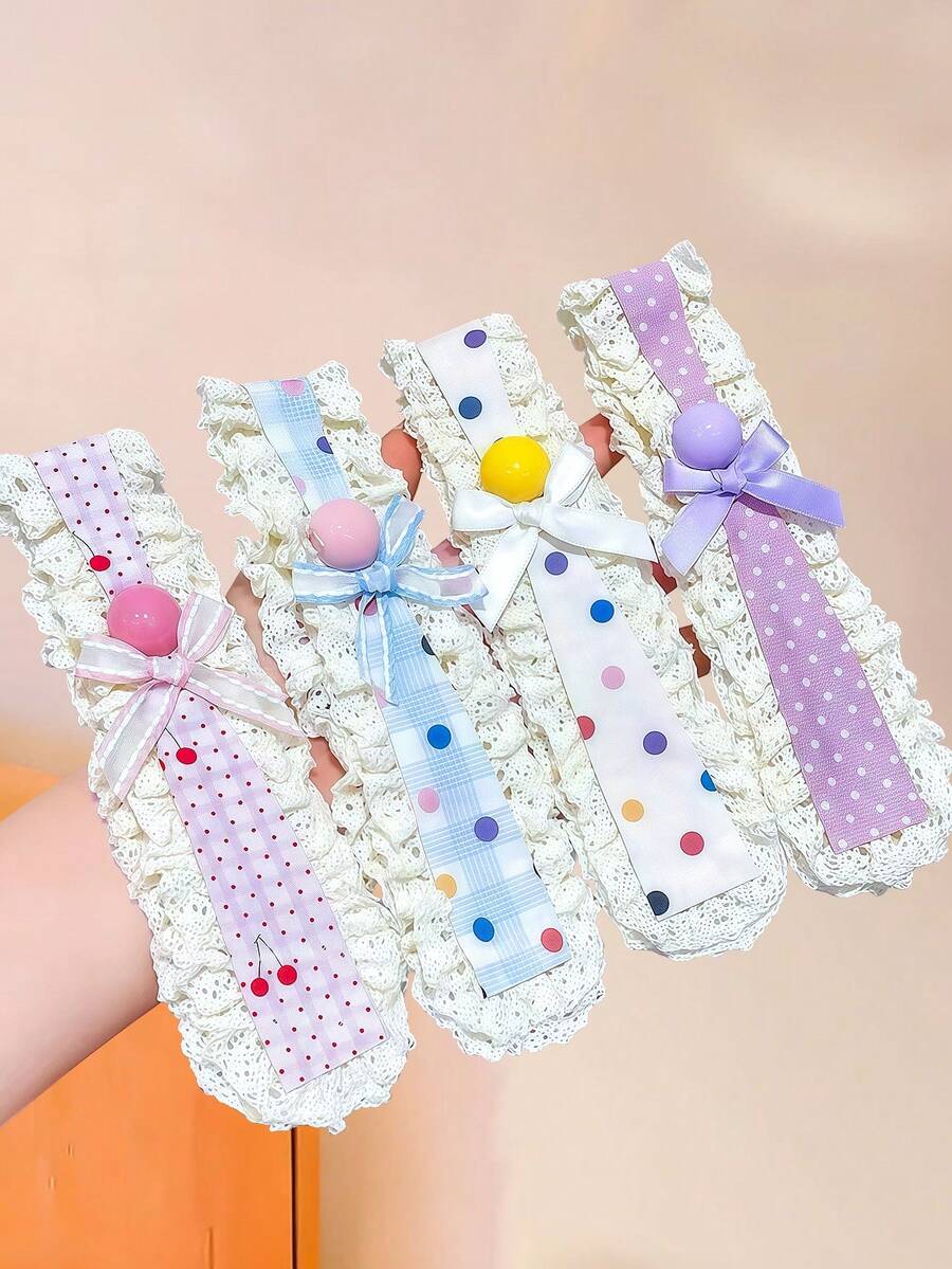 4/2/1pc Lace Fabric Bow Hook And Loop Hair Accessory, Polka Dot & Plaid Patchwork Design, Durable & Non-Damaging - Suitable For Kids And Teenagers, Daily School, Vacation, - Multicolor - View 1