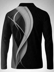 Men's Striped Casual Commute Long Sleeve Polo Shirt, Autumn - Grey - View 3