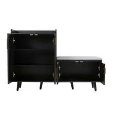 Modern Shoe Bench With Wood Grain, Storage Cabinet, Four Storage Doors, Asymmetric Metal Handles, - 黑胡桃木 - 查看 7