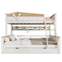 Double Bed Frame With Windmill, With Shelves, Children's Bed, With Colorful Safety Net, With 4-Step - Natural and White - 查看 8