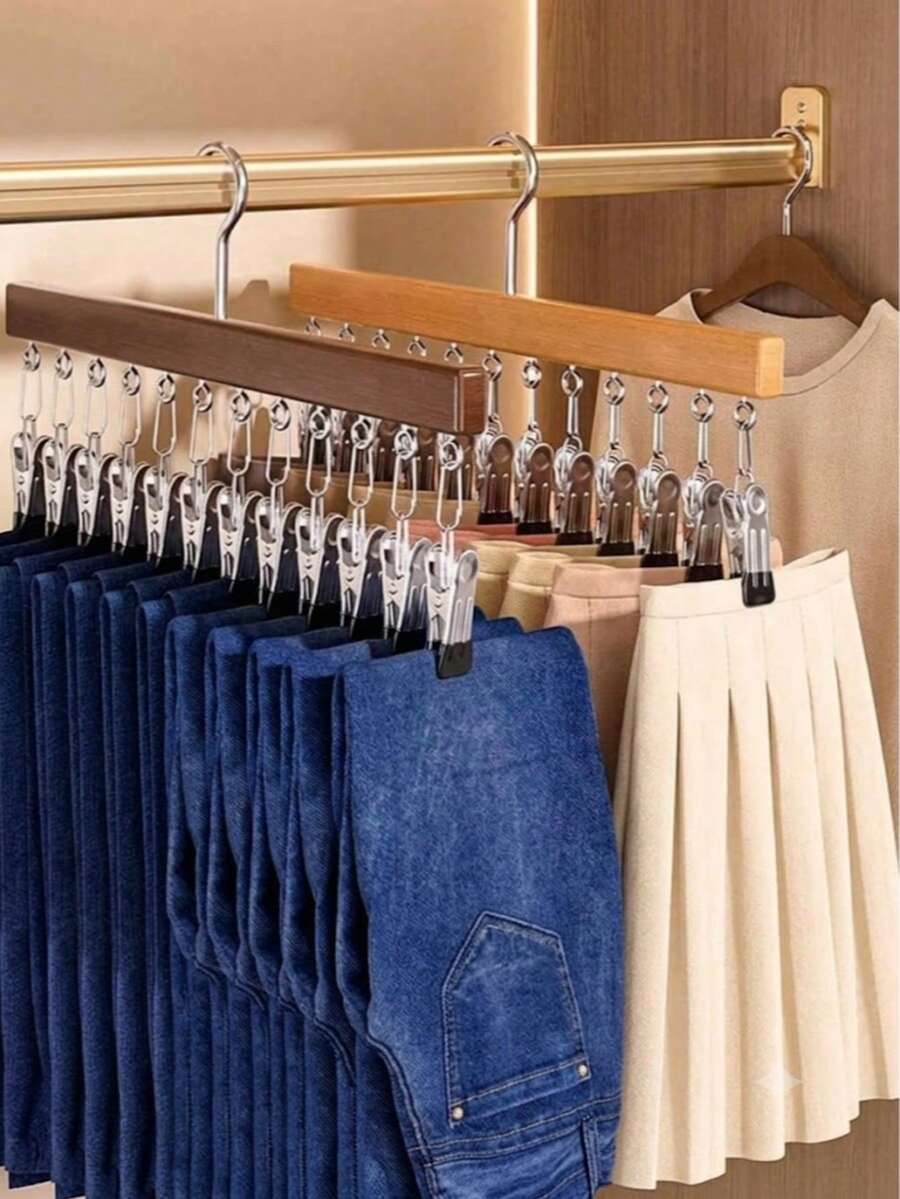 [12 Clips/1 Pack] Japanese Modern Minimalist Wooden Multi-Layer Pants Rack, Space-Saving Multi-Layer Wardrobe Storage Rack With Adjustable Non-Slip Clips, 360° Rotating Hooks, Wind-Resistant Drying Rack, Suitable For Skirts, Jeans, Shorts, Socks, Hats, College Dorm Essentials, Wardrobe Organizer, Outdoor Camping, Travel, Cruise, Multi-Functional Large Capacity Space-Saving Storage Rack, Strong Non-Slip Pants Clips, Wardrobe Organizer, Multi-Functional Hanging Pants Rack, Home Storage Organizer, Laundry Room Accessories, Strong Load-Bearing Clips, Anti-Fall, Bathroom, Apartment Essentials, Hanging Hooks, Clothes Rack