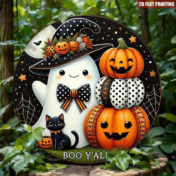 2D Flat, 1pc Wooden Printed Flat Design Vintage Halloween Wooden Wall Decor, Round Wrought Iron Style Wooden Pumpkin And Ghost Wall Art With Bats, Spider Webs And "Boo Y'all" Sign