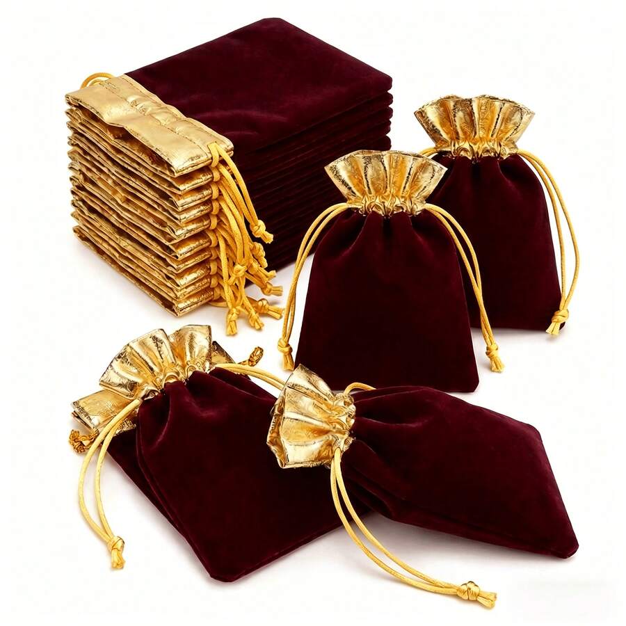 25pcs Small Premium Velvet Drawstring Bags With Gold Trim, Elegant Jewelry Storage Bags, Jewelry Storage Bags - Multicolor - View 1