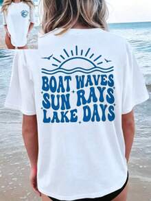 Cotton T-Shirt-[Double-Sided Print]Boat Letter Print Short-Sleeve Round Neck T-Shirt-Short Sleeve Crew Neck T-Shirt-Vacation Outfits Women-Summer Tops - 白色1 - 查看 3