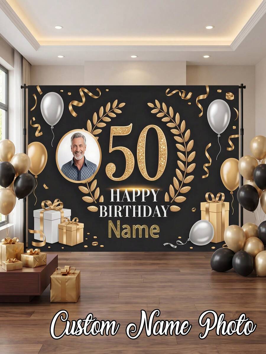1pc - Customized Happy Birthday Backdrop, Customized Black & Gold Theme Printed Poster - Personalized Birthday Party Custom Photo And Name Poster - Suitable For Party Decorations, Birthday Gifts, Gallery Decor And Photo Props, Party Decor, Unique Personalized Background Photography And Display, Complete Party Decor, Multi-Functional, Highly Decorative, Reusable, Exquisite, Fashionable