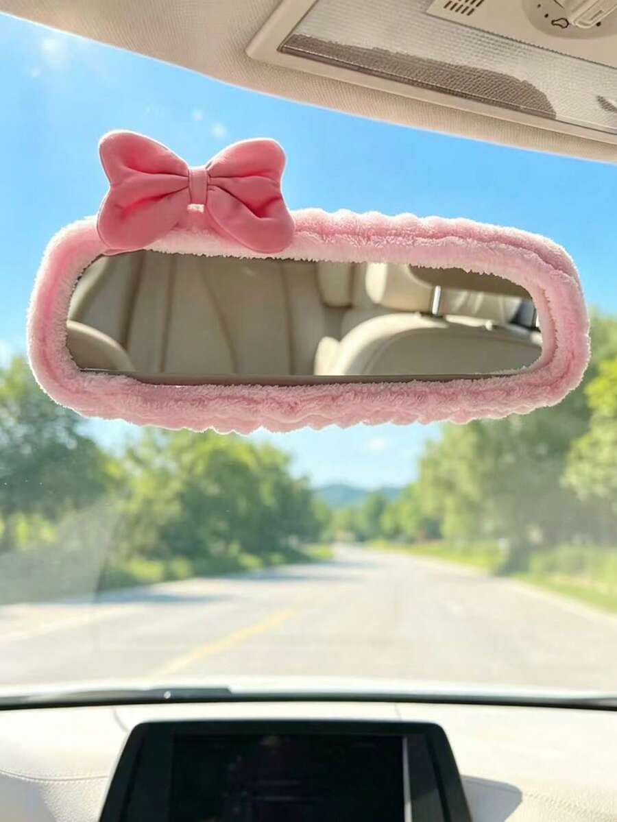 1 pieza Funda universal de peluche para espejo retrovisor, Funda de peluche con lazo para espejo retrovisor, Accesorios para automóvil, Decoración para automóvil, Automóvil decorativo, Regalo, Funda de protección para espejo retrovisor, Funda de protección rosa para espejo retrovisor de automóvil, Accesorios de decoración interior de automóvil con dibujos animados - Pequeño arco - Ver 1