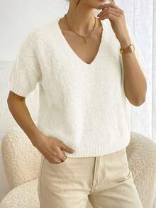 Women's V-Neck Solid Color Ribbed Short Sleeve Autumn Minimalist Casual Elegant Versatile Knit Pullover Sweater, Soft Comfortable Daily Wear - White - View 4