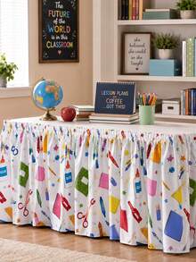 1pc Back To School Classroom Table Skirt, Colorful Crayon Scissors Glue Notebook Star Stationery Print Pleated Tablecloth, Hook And Loop Wrinkle-Resistant Washable, Teacher Desk Handmade Market Education School Event Display Table Decor - Multicolor - View 5