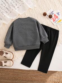 Autumn/Winter Baby Girl Cute Blue Double-Layer Bow Round Neck Versatile Loose Sweatshirt & Black Casual Long Pants Commuter Set - Grey - View 3