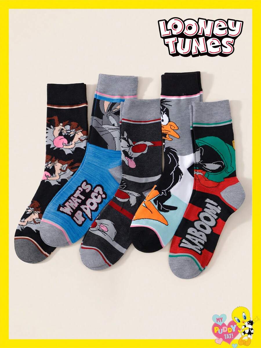 5 Pairs Unisex Socks Warner Bros. Collaboration Featuring Bugs Bunny, Tweety And Other Cartoon Characters, Versatile Design, Sweat-Absorbent And Breathable, Suitable For Animation Lovers - Multicolor - View 1