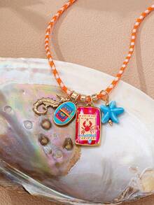 1/3 Pcs Beaded Statement Necklace For Women, Western Cowboy & Ocean Enamel Charm Pendant, Boho Colorful Strand Summer Beach Vacation Jewelry Gift - Multicolor - View 4