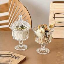 Vintage French Embossed Transparent Glass Dessert Bowl With Lid And Base, Ice Cream Sundae Cup, Elegant Crystal Glass Cup With Relief Design, Suitable For Yogurt, Fruit Salad And Pudding, Home Kitchen Tableware, Luxury Afternoon Tea Supplies - Multicolor - View 6