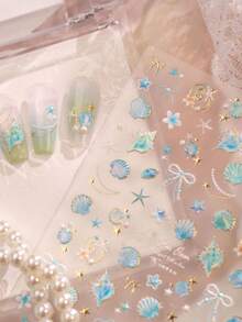 5D 浮雕海洋美甲貼紙，金色貝殼與海星自黏式美甲貼花，夏季海灘風 DIY 美甲裝飾，適用於居家美甲、美甲沙龍指甲與穿戴甲配件，1 張 - 彩色 - 查看 4