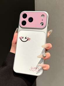 1pc Blush Pink Heart Smile LUCKY English Lychee Texture Phone Case Electroplated Matte Silver Edge Full Coverage 2mm Shockproof Creative Precision Cut-Out Raised Large Window Instant 17 Lens Soft Shell Daily Suitable For IPhone17/17Pro/17PROMAX/16/16Pro/16PLUS/16PROMAX/15/11/12/13/14/15Pro/14Pro/13Pro/15PROMAX/14PROMAX/13PROMAX - Multicolor - View 3