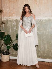 Modphy European And American New Sexy Cold Shoulder Heavy Rhinestone Studded Mesh Patchwork Dress, Elegant Women's Party Wedding Bridesmaid Gown - White - View 3