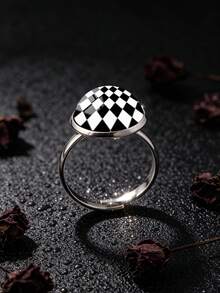 YUJUGLOW 1PC Cartoon Minimalist Black & White Rhombus Pattern 316 Stainless Steel Open Ring For Women Daily Wear - Black and White - View 3