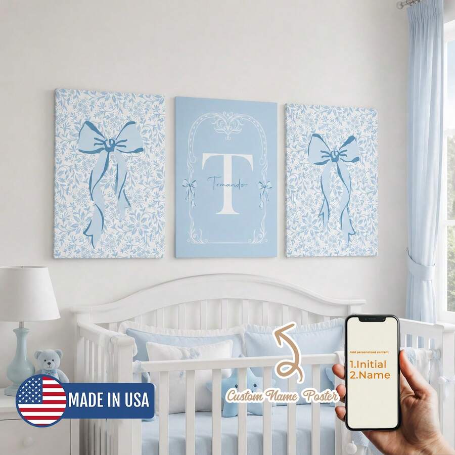 3pcs Custom Personalized Name,Cartoon Watercolor Blue Bow Pattern,Crib & Kids Room Name Wall Decor, Monogram Art Print Poster, Decor For Bedroom, Kitchen & Living Room, Framed/Unframed, Great Gift, Made In United States - Multicolor - View 1