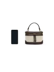 Dedoo Women's Beige Canvas Square Bag With Brown PU Leather Trim And Zipper Closure, Vintage Style, Suitable For Daily Commute, Spring/Summer Women's Model (Includes Gift Bag) - Multicolor - View 9