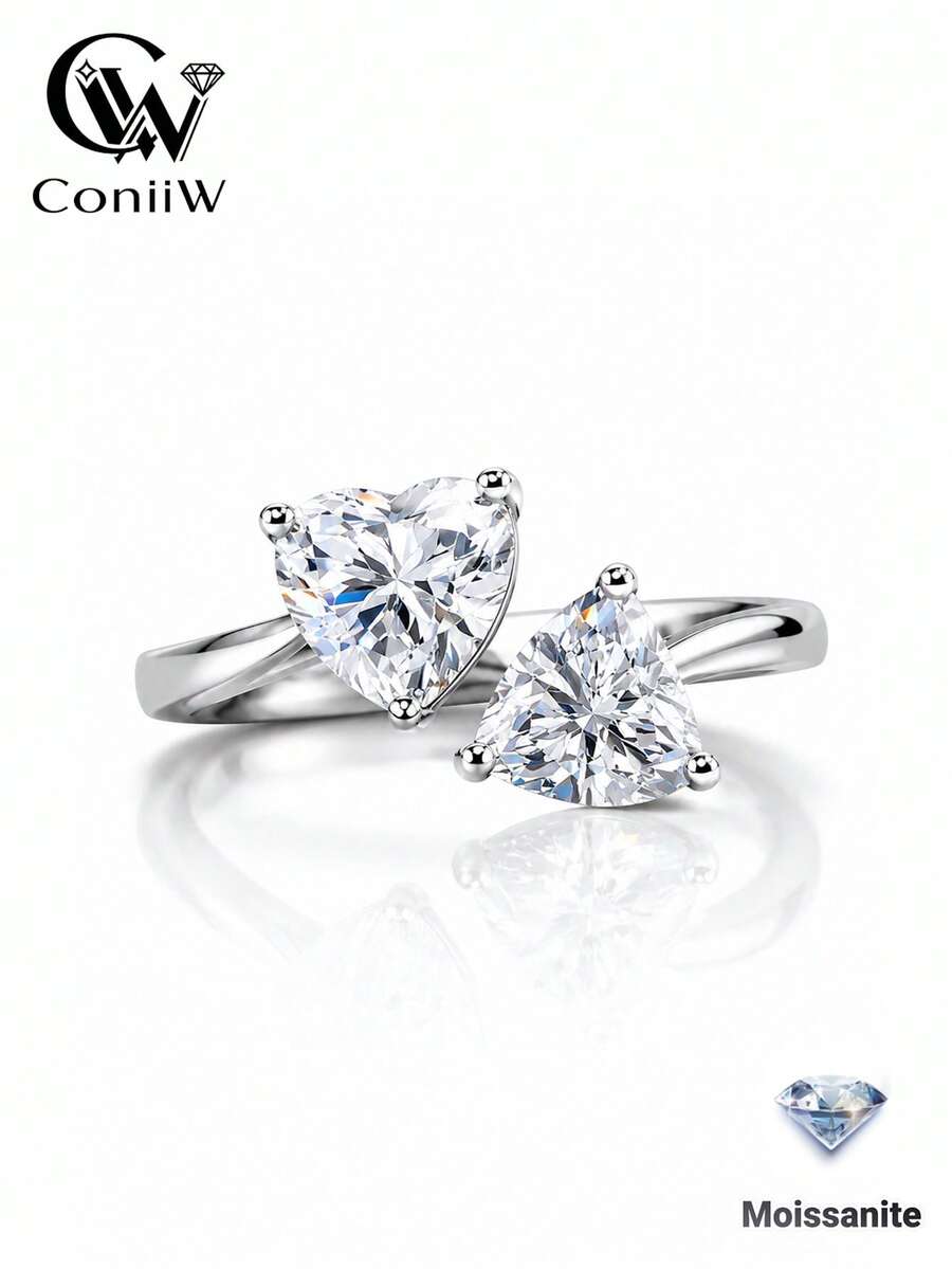 ConiiW A 2-Carat Moissanite Heart-Shaped Adjustable Women's Ring In 925 Sterling Silver, Perfect For Everyday Wear, Dates, Parties, And More.