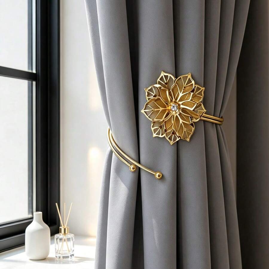 2pcs Alloy Curtain Buckles Hollow Design Leaf & Flower Decor Curtain Tie Backs Floral Curtain Clips Window Decoration - 2pcs - View 1