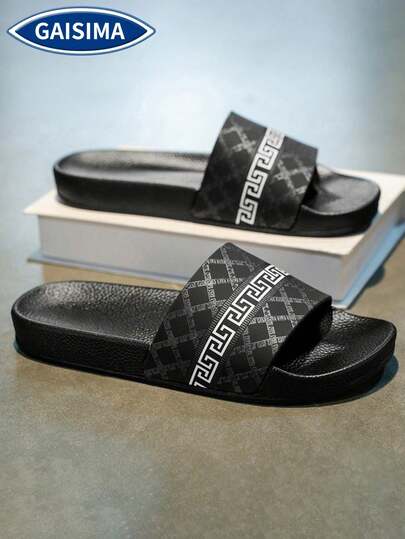 GAISIMA Men's Luxury Loop Pattern Plaid Print Slide Sandals, Summer Non-Slip Casual Slippers, Suitable For Home, Beach, Outdoor Streetwear