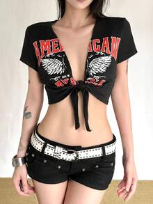 Women's Exquisite V-Neck Short Sleeve Knit Mid-Stretch Cropped T-Shirt, Front Tie Design, Printed Pattern - Black - View 1