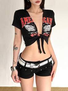 Women's Exquisite V-Neck Short Sleeve Knit Mid-Stretch Cropped T-Shirt, Front Tie Design, Printed Pattern - Black - View 4