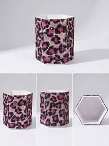 Rhinestone Leopard Print Hexagonal Makeup Brush Holder, Large Capacity, Surface Inlaid With Colorful Rhinestones, Luxury Sparkling Style, Full Rhinestone Pattern, Hexagonal Column Shape, Neat Edge Details, Makeup Tool Container, Suitable For Bedroom Vanity, Makeup Room Desktop And Other Scenes - Multicolor - View 4