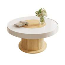 Round Coffee Table With Grooved Cylindrical Base, Table With Two-Tone White And Wood Color Tabletop Made Of MDF And PVC, Living Room Table, Compact Side Table For Small Apartments. - Natural Wood + White - View 4