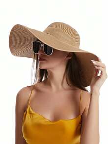 1 Stück Damen einfarbiger lässiger eleganter bohemischer Strohhut, runder Sonnenhut, geeignet für Urlaub, Strand, alle Jahreszeiten Mode, vielseitig für den Alltag (Wenn der Hut Falten hat, bitte mit einem Bügeleisen glätten, dann wird er wiederhergestellt) - Milchig weiß - Übersicht 3